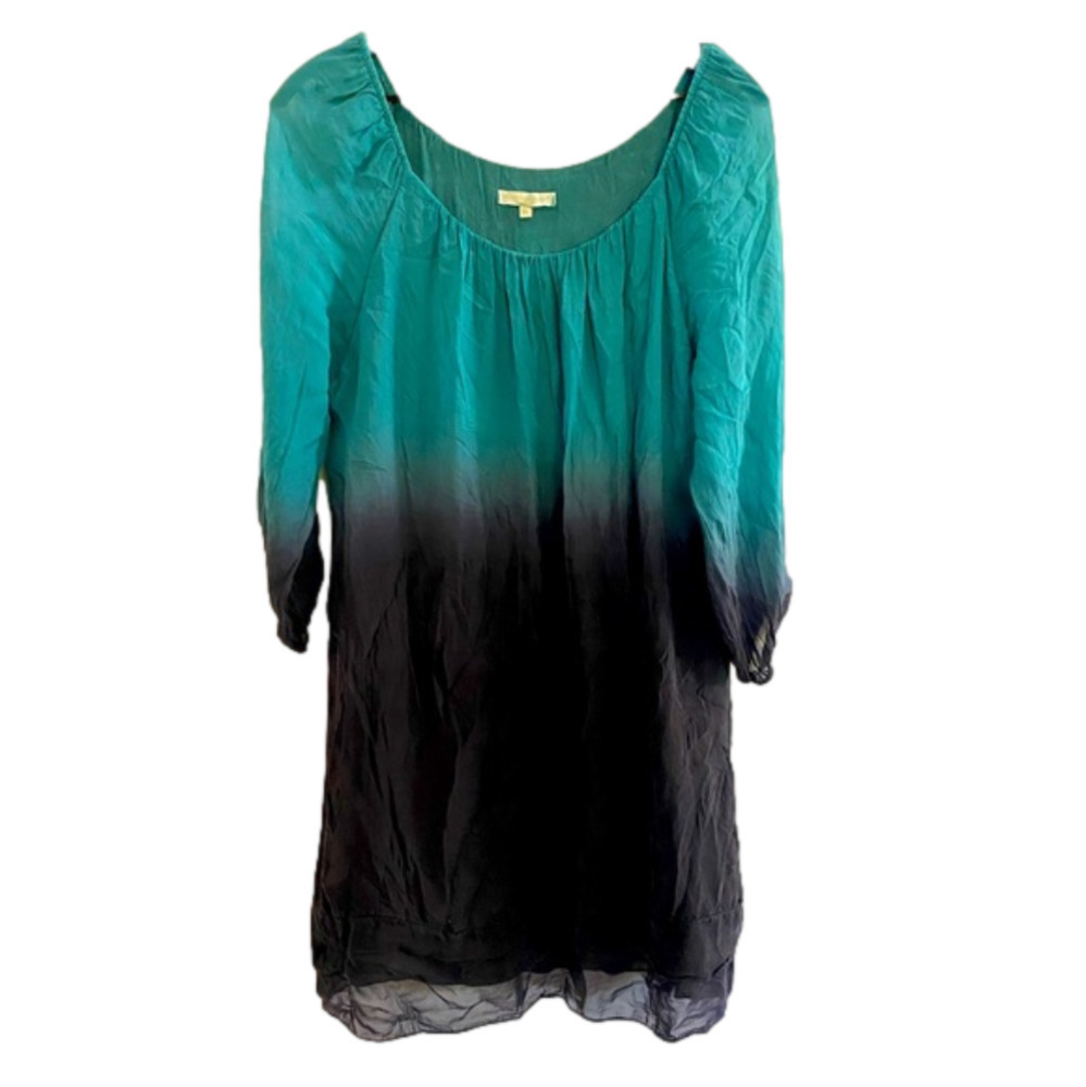 Prontomoda Giusy 100% Silk Ombré Green/Black Tunic Dress 3/4 Sleeves Size XL